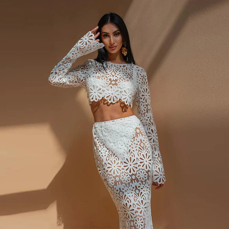 EMBROIDERY Hollow Out BEACH TOP and Skirt SET