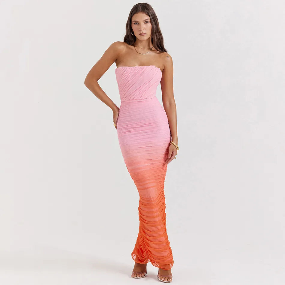 Robe longue moulante rose orange dégradé cendré