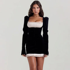 VOLLU SQUARE NECK PLEATED Long Sleeve Mini Dress