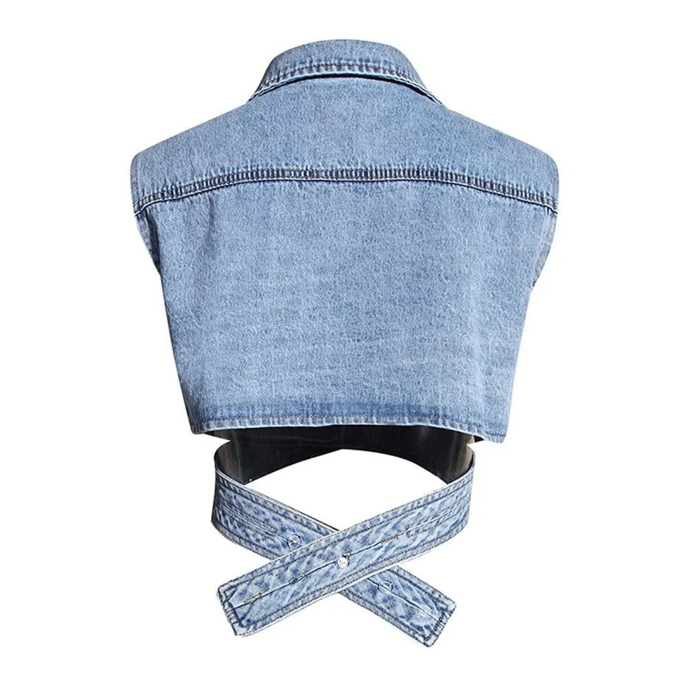 LAYVA WEISSES HEMD mit PUFFÄRMELN und CROSS-DENIM-WESTE, 2-TEILIGES SET