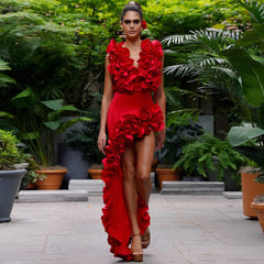 RED FLowER BODYSUIT and SIDE SLIT MAXY Skirt