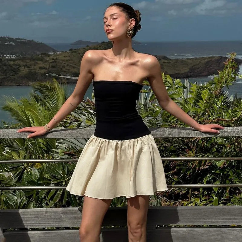 WHITE Skirt and Black TOP Mini Dress