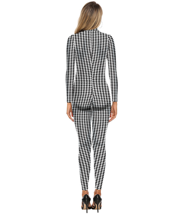 Trendy Houndstooth Printed Zipper Front Long Sleeve Jumpsuit - Black