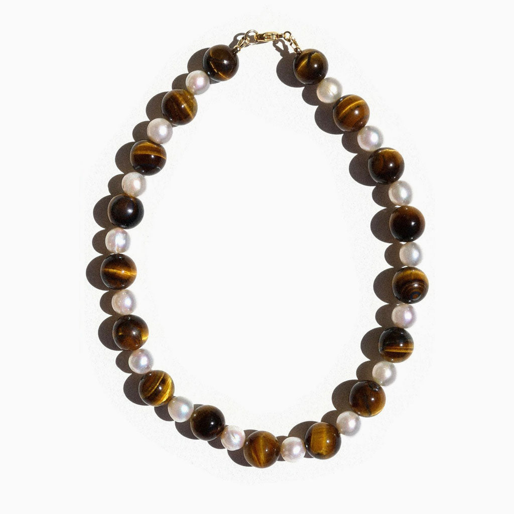 Alternating Tigers Eye & Freshwater Pearl Round Bead Choker NeckLace