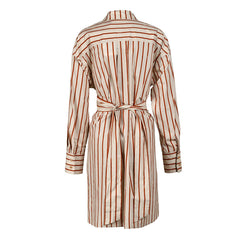 Artful Striped Print Collared Drop Shoulder Button Down Belted High Low Shirt Dress