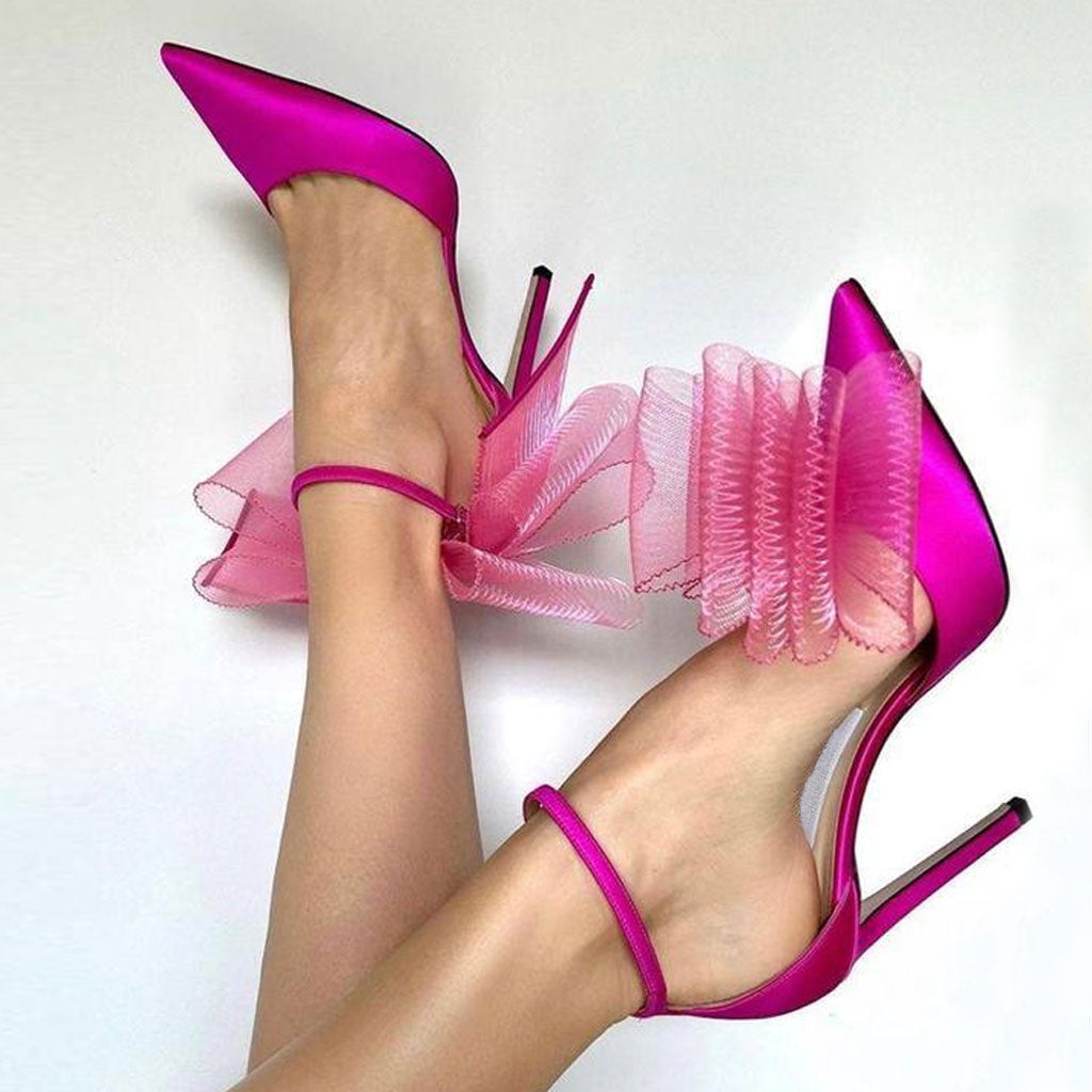 Asymmetric Bow Detail Pointed Toe Ankle Strap Stiletto Pumps - Fuchsia