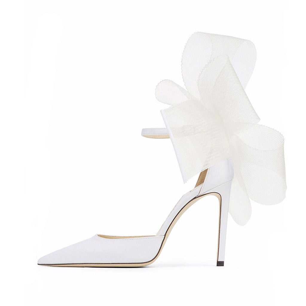 Asymmetric Bow Detail Pointed Toe Ankle Strap Stiletto Pumps - White