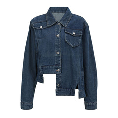 Asymmetric Button Down Folded Collar Long Sleeve Denim Jacket