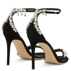 Asymmetric Crystal Embellished Suede Round Toe Stiletto Sandals - Black