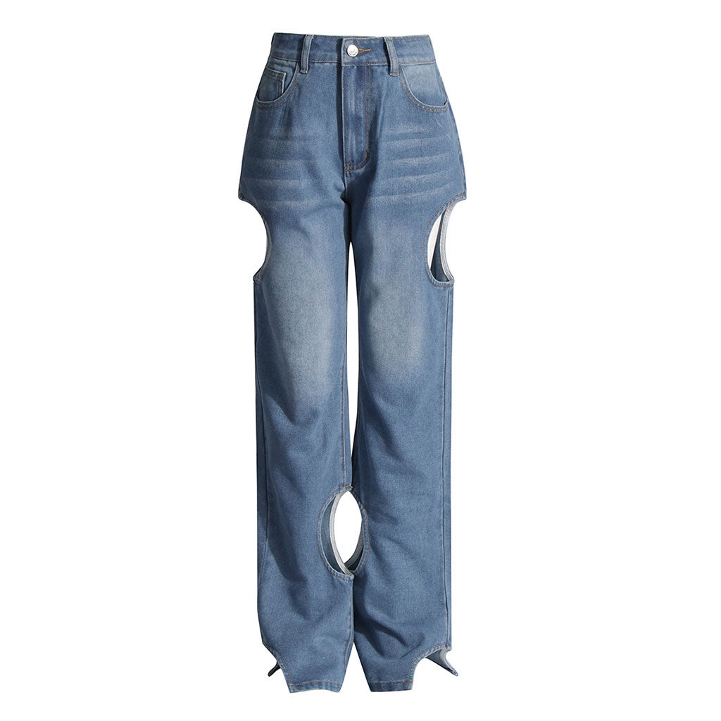 Asymmetrische, ausgeschnittene Whisker-Jeans mit hoher Taille und geradem Bein