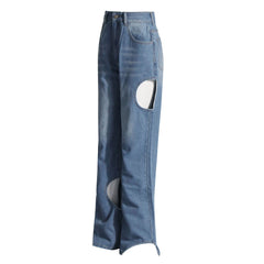 Asymmetric Cut Out Whisker High Waist Straight Leg Washed Denim Jeans