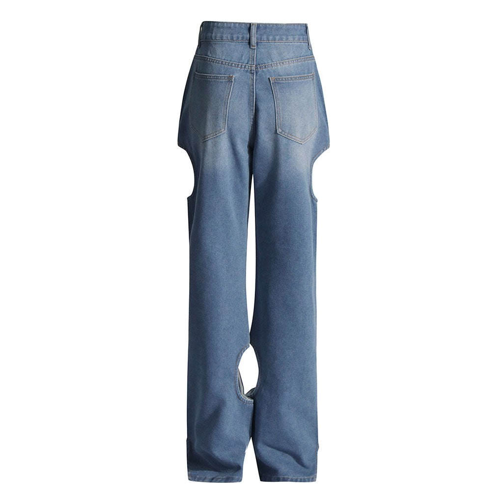 Asymmetrische, ausgeschnittene Whisker-Jeans mit hoher Taille und geradem Bein