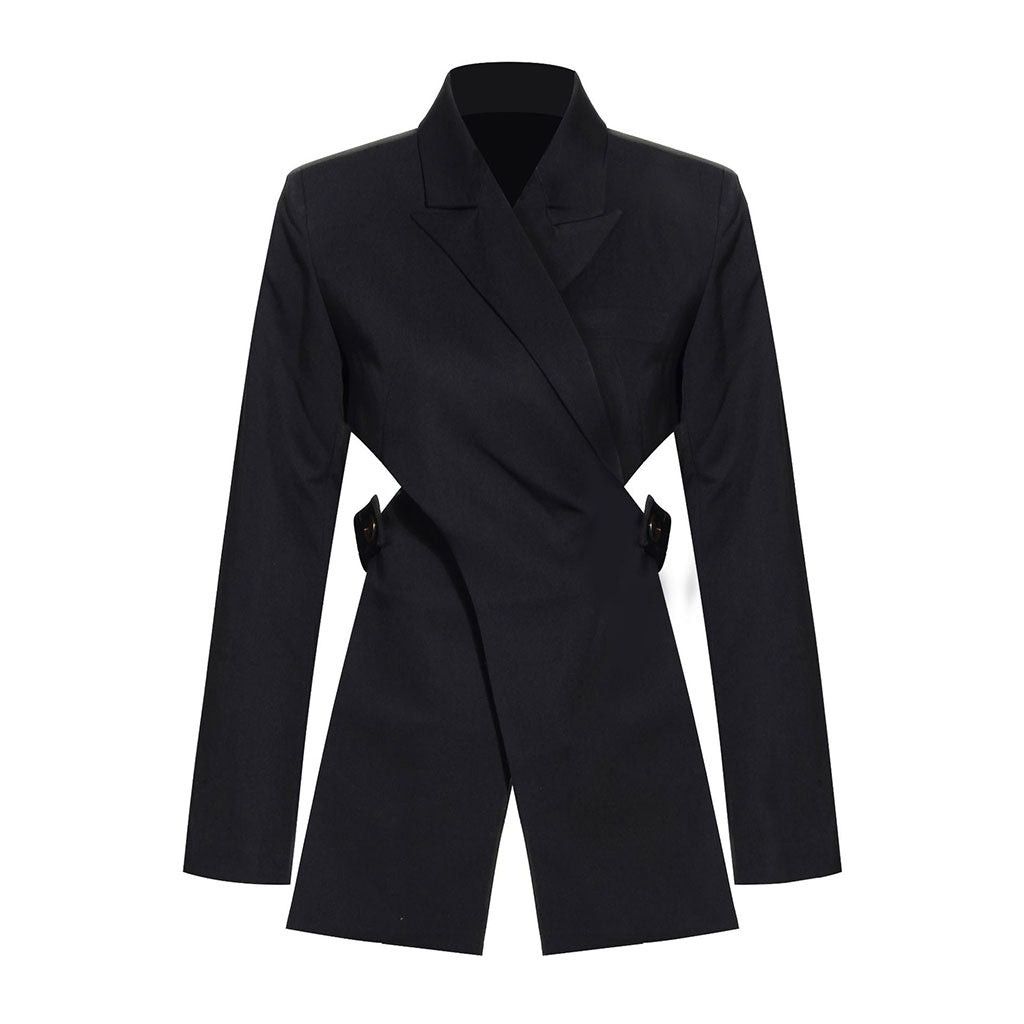 Asymmetric CutOut Peak Lapel Long Sleeve Crossover Belted Tailored Blazer