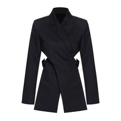 Asymmetric CutOut Peak Lapel Long Sleeve Crossover Belted Tailored Blazer