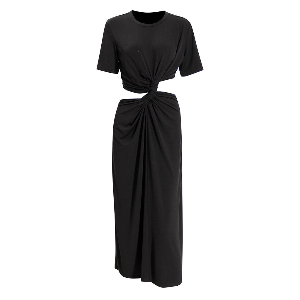 Asymmetric CutOut Ruched Twisted Front Round Neck Short Sleeve Midi Dress