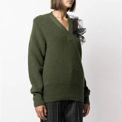 Asymmetric CutOut Tulle Panel V Neck Brioche Rib Knit Sweater