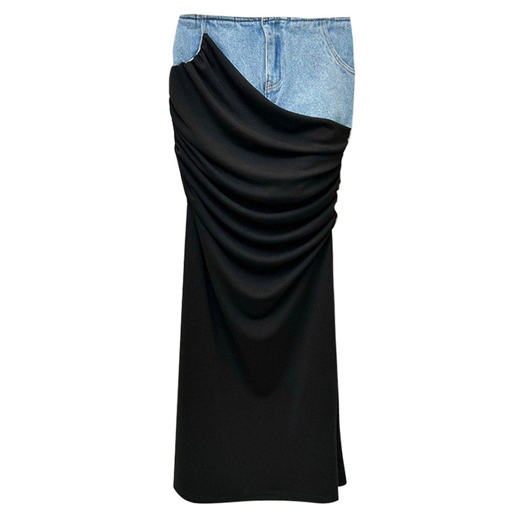 Jupe longue drapée taille haute asymétrique en denim