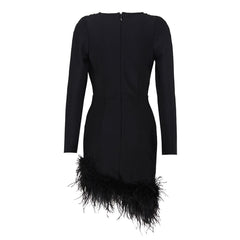 Asymmetric Faux Feather Trim Plunging Long Sleeve Mini Bandage Dress - Black