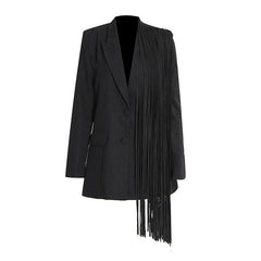 Asymmetric Fringe Paneled Sleeve Peak Lapel Single Breasted Long Blazer