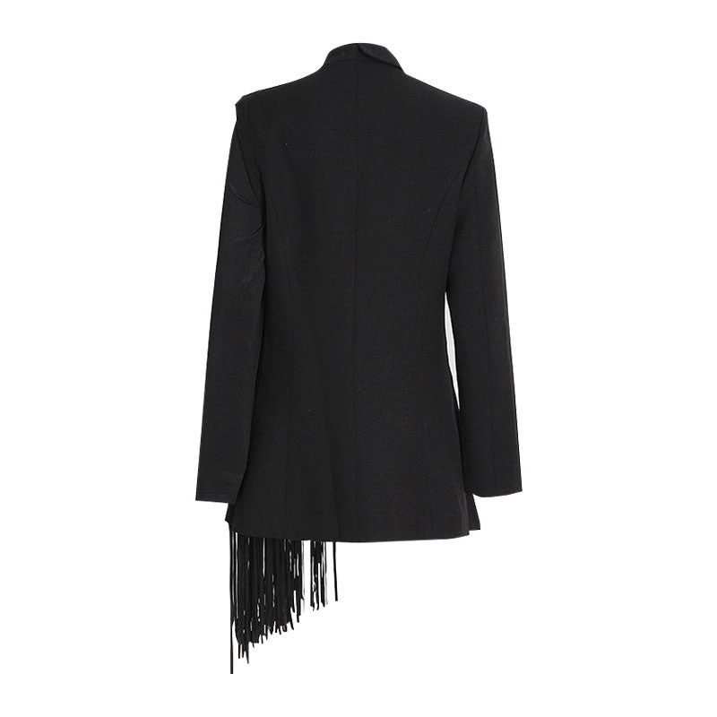 Asymmetric Fringe Paneled Sleeve Peak Lapel Single Breasted Long Blazer