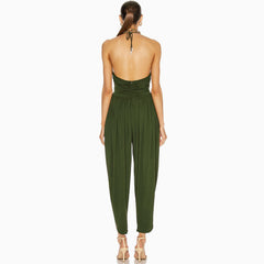 Asymmetrischer Neckholder-Jumpsuit mit Rüschen und V-Ausschnitt - Grün