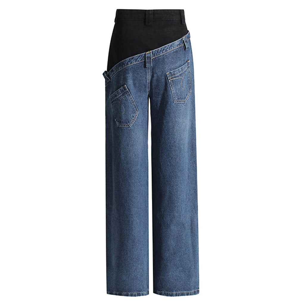 Asymmetric Hybrid Color Block Double Waist Whisker Detail Straight Leg Jeans