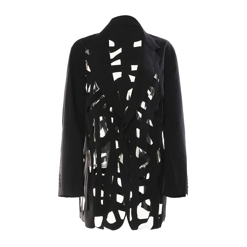 Asymmetric Laser CutOut Lapel Collar Single Breasted Oversized Blazer