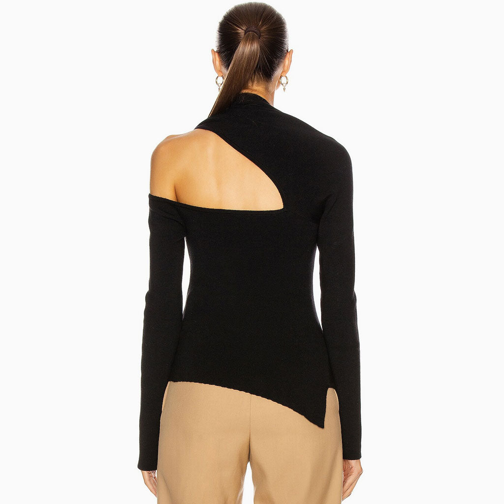 Asymmetrisches Langarm-Pullover-Oberteil Aus Französischem Strick Mit Cut-Out - Schwarz