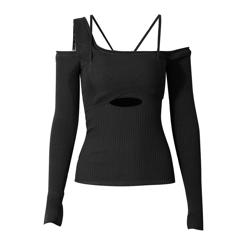 Asymmetrisches, schulterfreies, langärmliges Crop-Top aus Rippstrick mit Cut-Outs