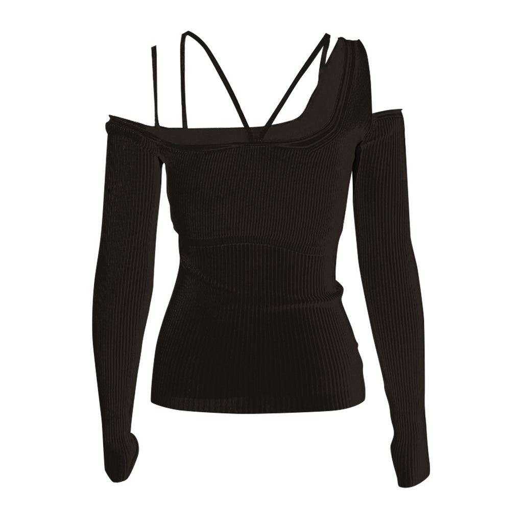 Asymmetrisches, schulterfreies, langärmliges Crop-Top aus Rippstrick mit Cut-Outs