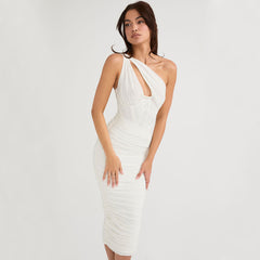 Asymmetric One Shoulder CutOut Ruched Corset Mesh Midi Dress - White