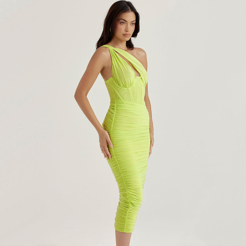 Asymmetrisches One-Shoulder CutOut Rüschen Korsett Mesh Midikleid - Lime