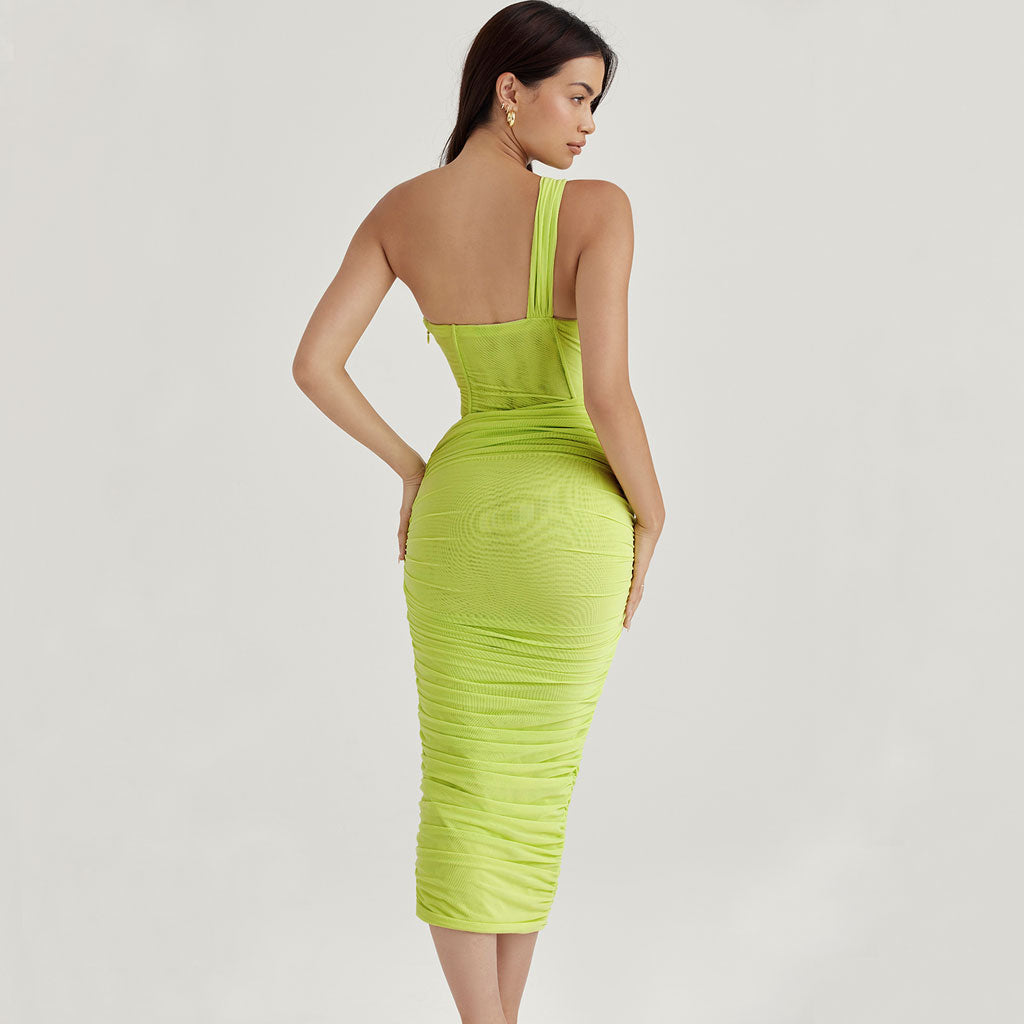 Asymmetrisches One-Shoulder CutOut Rüschen Korsett Mesh Midikleid - Lime