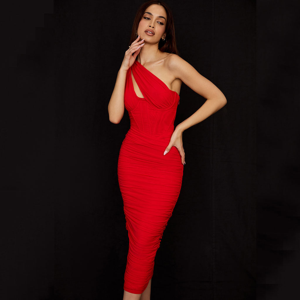 Asymmetric One Shoulder CutOut Ruched Corset Mesh Midi Dress - Red