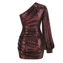 Asymmetric One Shoulder Puff Sleeve Ruched Sequin Mini Dress - Burgundy