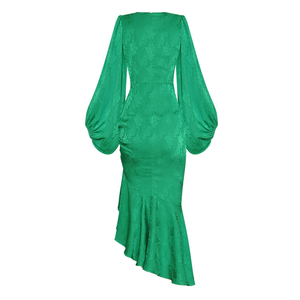 Asymmetrical Ruffle Ruched Asymmetric Ruched Ruffle Balloon Sleeve Round Neck Midi Mermaid Dress ...