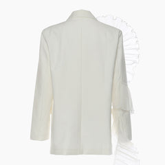 Asymmetric Ruffle Trim Lapel Collar Single Breasted Oversized Blazer - White