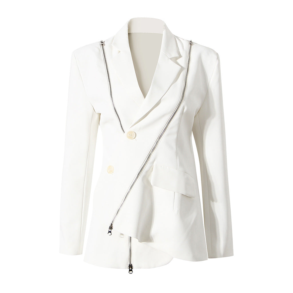 Asymmetric Single Breasted Metal Zip Detail Long Sleeve Lapel Collar Blazer