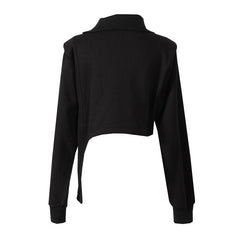 Asymmetric Zip Detail Turtleneck Shoulder Pad Long Sleeve Crop Top