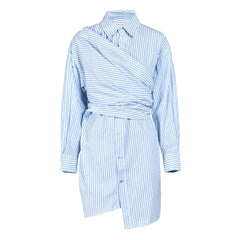 Asymmetrical Button Down Collared Wrap Effect Deconstructed Striped Mini Shirt Dress