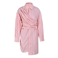 Asymmetrical Button Down Collared Wrap Effect Deconstructed Striped Mini Shirt Dress