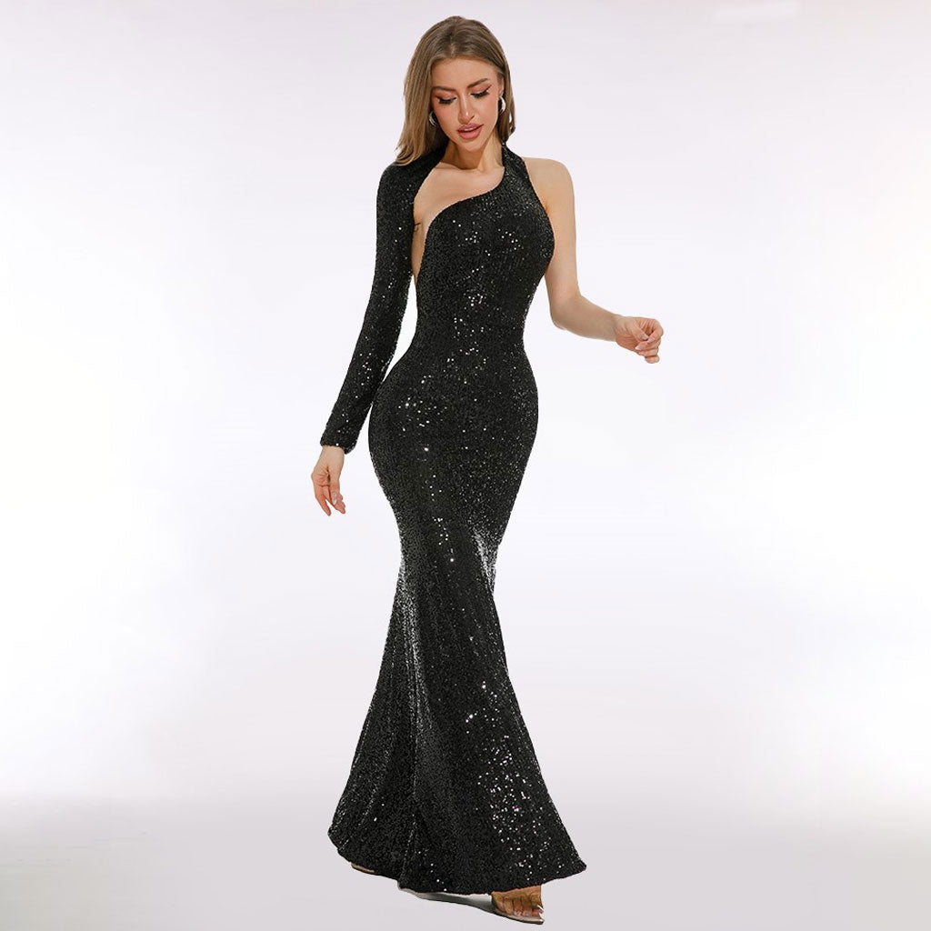 Asymmetrical CutOut Fishtail Hem Sequin Embellished Maxi Evening Dress