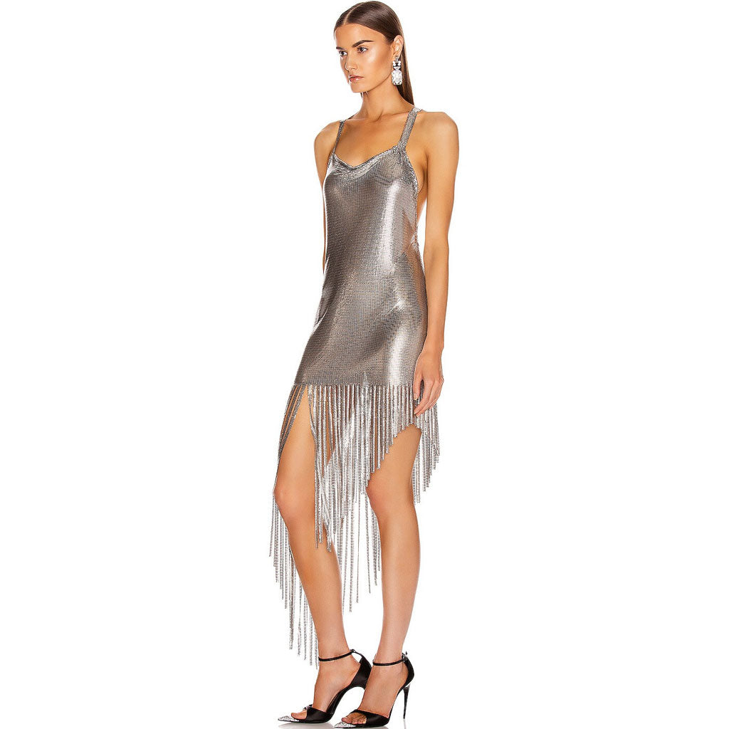 Asymmetrical Fringe Cowl Neck Backless Metal Mesh Dress - Silver