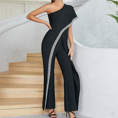 Asymmetrischer One-Shoulder-Bandage-Jumpsuit mit kontrastierendem geometrischem Besatz und weitem Bein