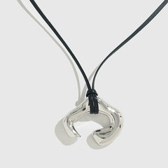 Asymmetrical Rhodium Plated Cuff Pendant Extra Long Leather NeckLace