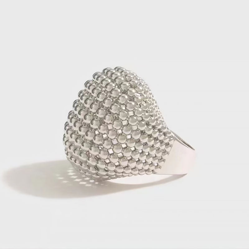 Back To 19C Metallic Rhodium Plated Half Textured Mesh Sphere Ring