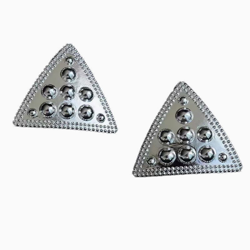 Back To 19C Metallic Rhodium Plated Mini Balls Triangle Stud Earrings