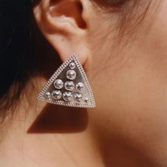 Back To 19C Metallic Rhodium Plated Mini Balls Triangle Stud Earrings