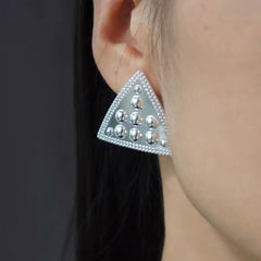 Back To 19C Metallic Rhodium Plated Mini Balls Triangle Stud Earrings