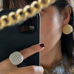 Back To 19C Metallic Round Cut Mesh Mini Ball Half Hoop Stud Earrings